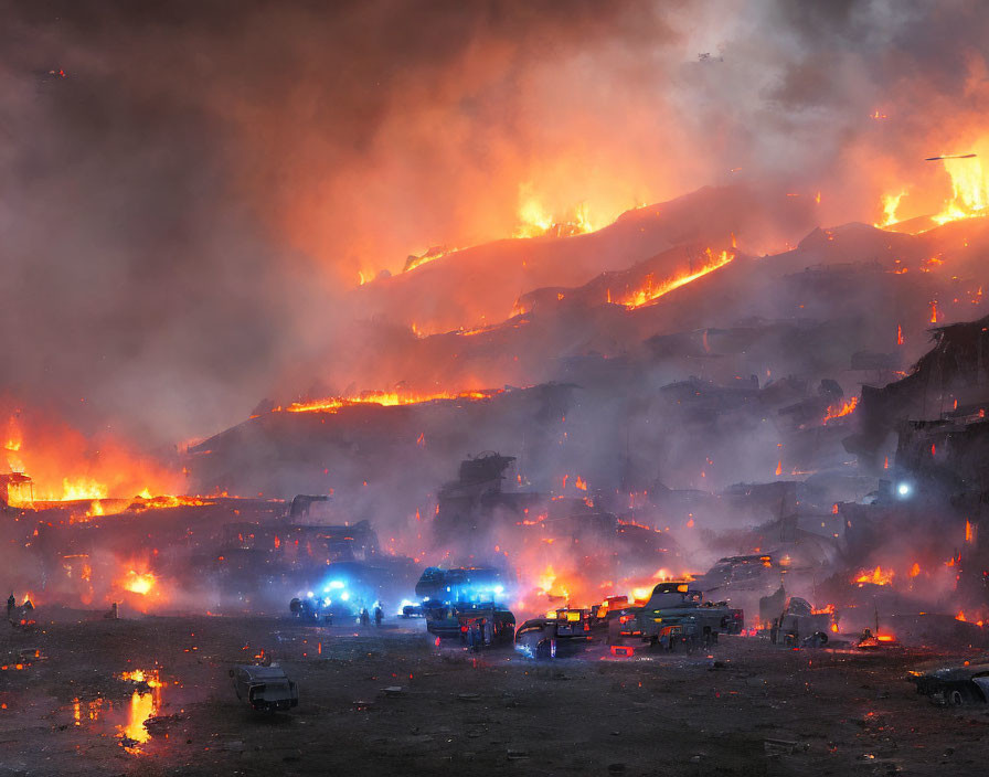 Massive Fire Engulfs Mountainside with Emergency Vehicles and Responders