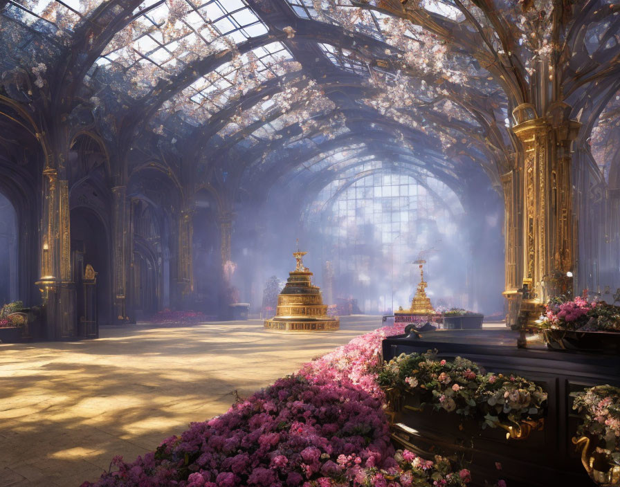 Opulent sunlit hall with glass ceiling, golden columns, and pink flowers