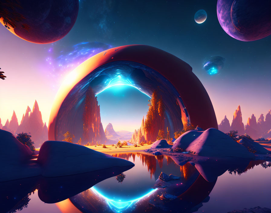 Colorful alien landscape with ring structure and planets reflected in water