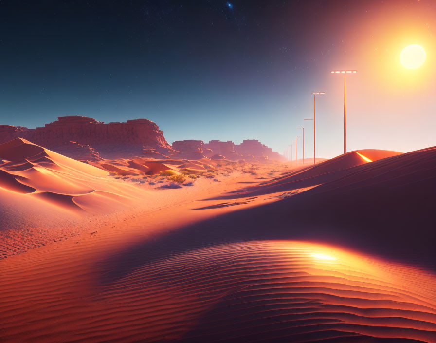 Tranquil desert sunset with sand dunes and orange sky