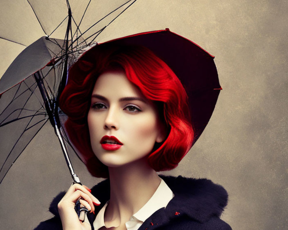 Stylish woman with red hair holding an umbrella in black coat against beige background