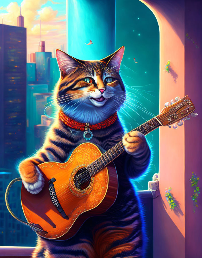 Anthropomorphic cat playing guitar on balcony at sunset