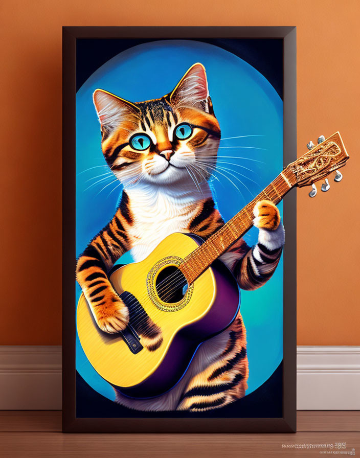 Anthropomorphic Cat Illustration with Blue Eyes Playing Guitar