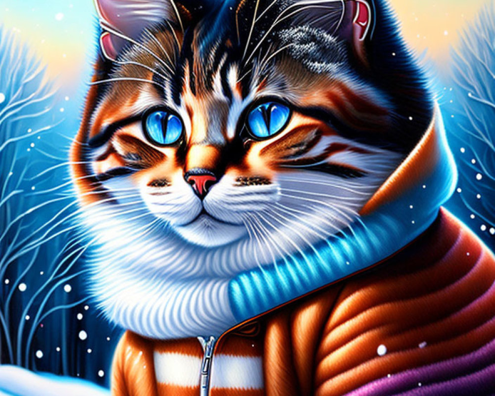 Colorful Cat with Blue Eyes in Striped Hoodie Winter Scene