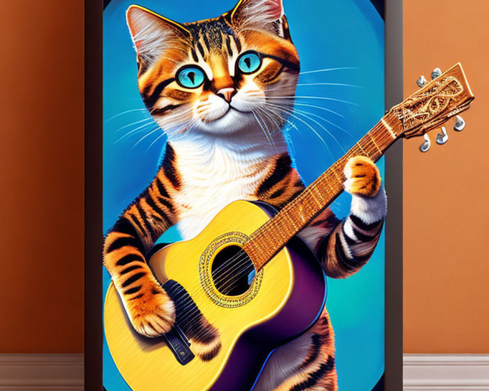 Anthropomorphic Cat Illustration with Blue Eyes Playing Guitar