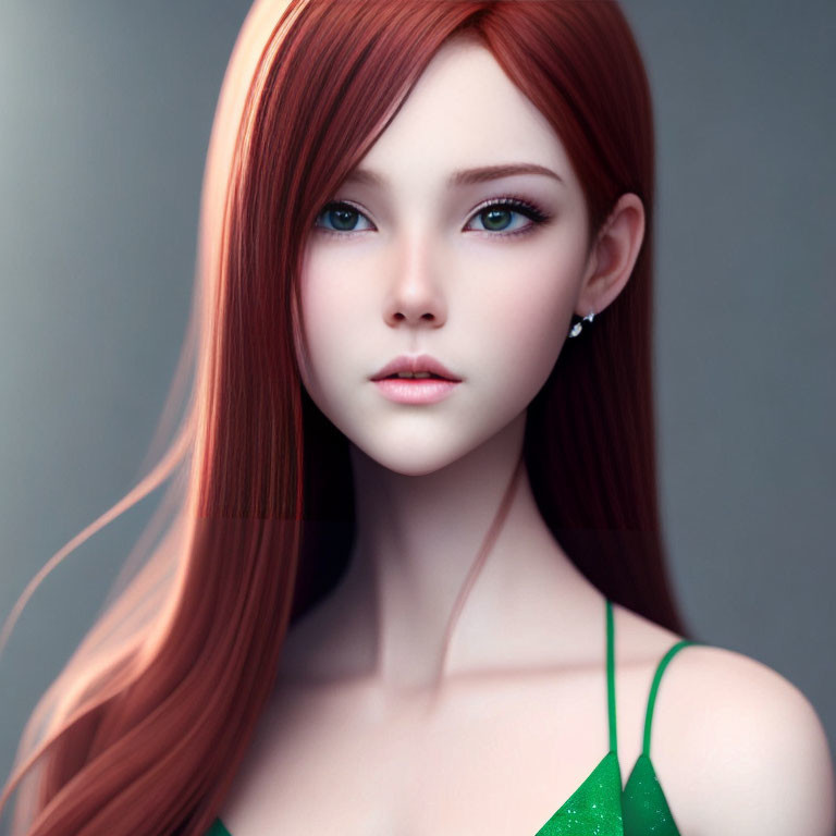 Young woman with red hair, blue eyes, fair skin, and green dress in digital art