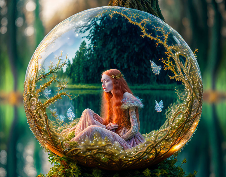 Red-haired woman in golden filigree orb with butterflies in nature