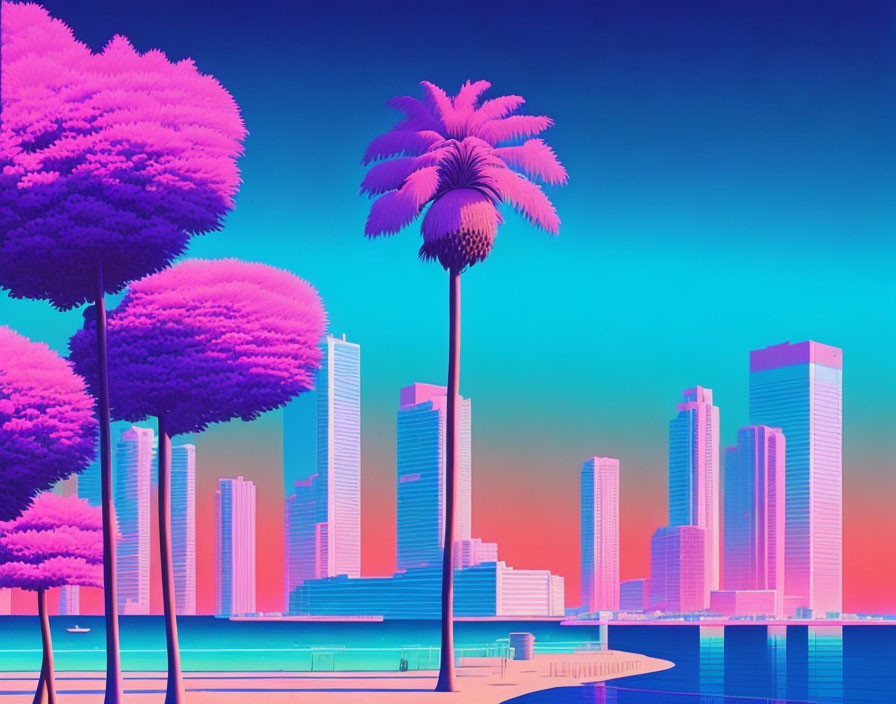Colorful neon cityscape with purple trees and pink sky.