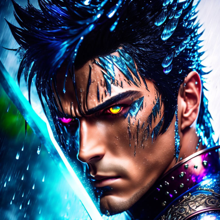 Male character with multicolored eyes, spiky hair, blue feathers, and water droplets