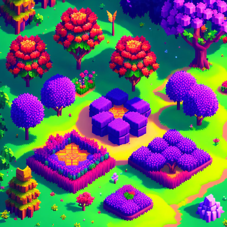 Vibrant Isometric Landscape with Trees and Structure