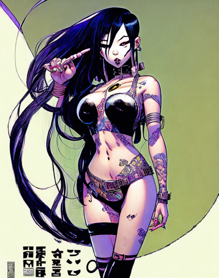 Stylized female character with long black hair and tattoos on green background