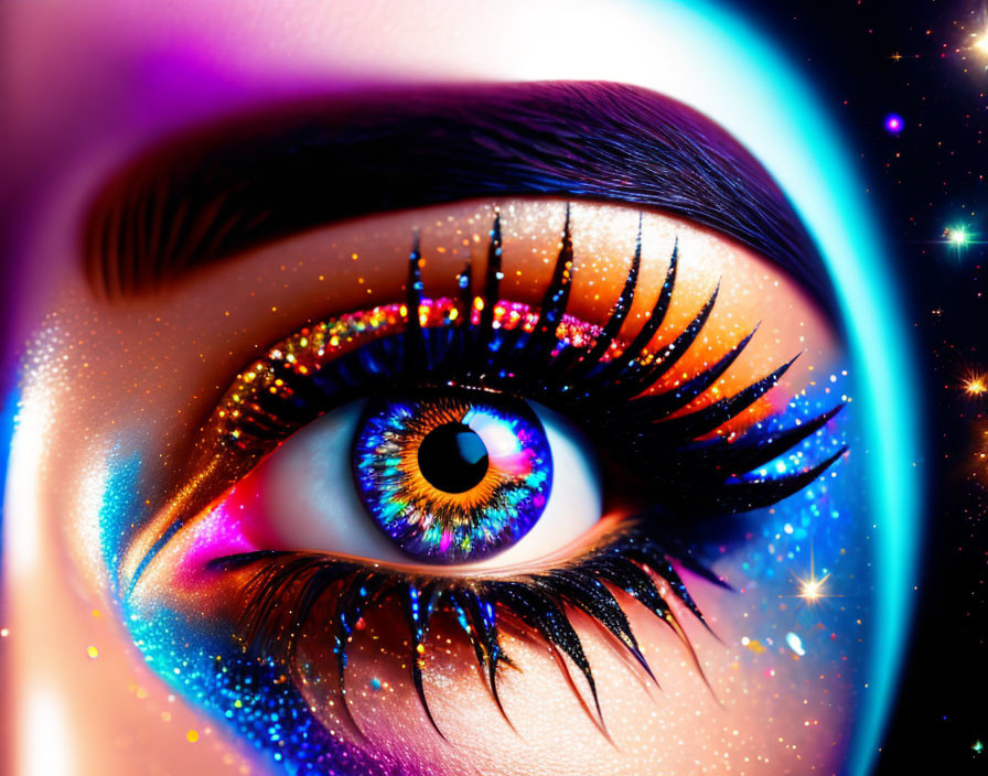 Close-up of vibrant, multicolored eyeshadow on galaxy-themed eye.