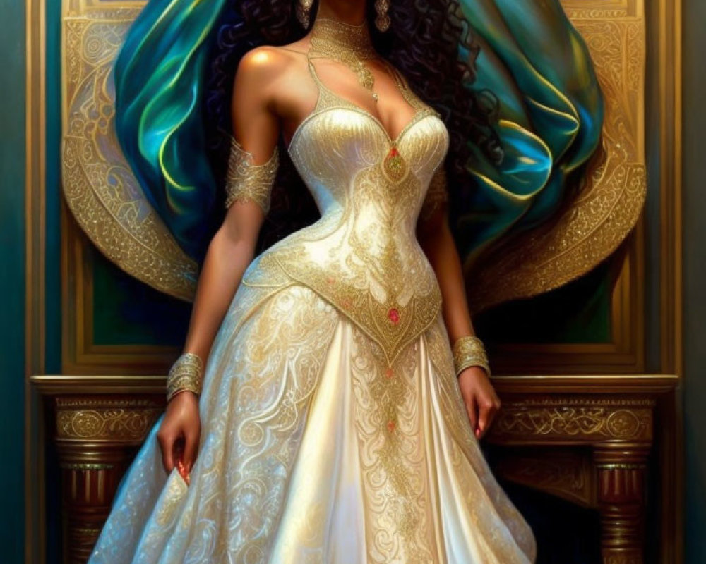 Regal woman in gold and white gown with teal cape and jewelry.