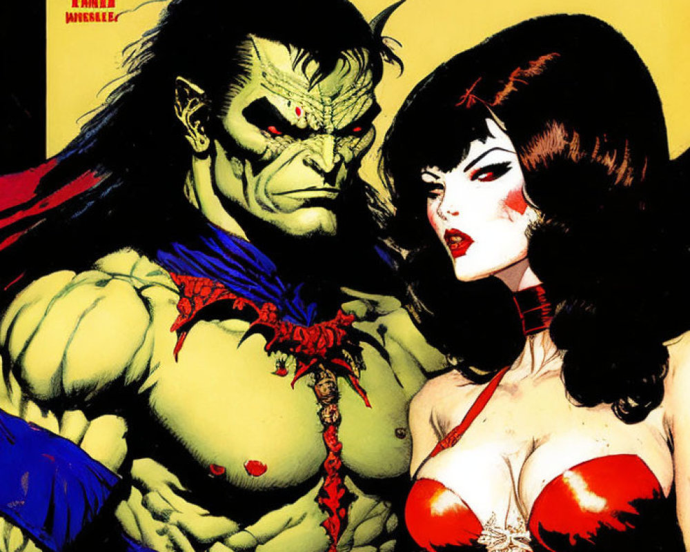 Muscular green-skinned male and red-haired female on comic book cover