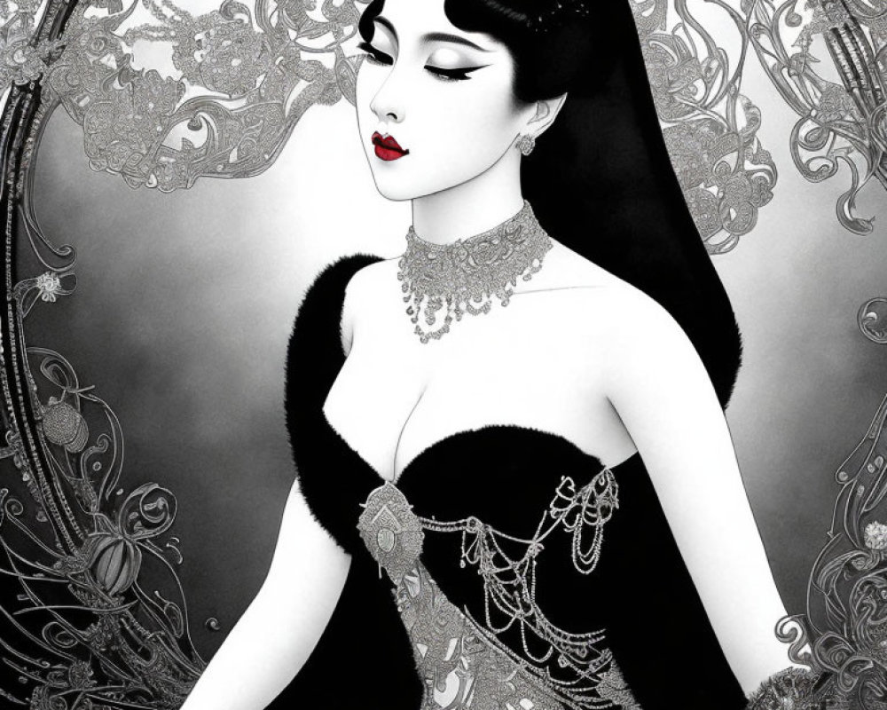 Illustration of pale-skinned woman with black hair in updo, red lips, and black dress