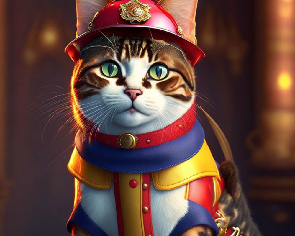 Colorful Cat in Firefighter Uniform with Red Helmet and Whimsical Expression