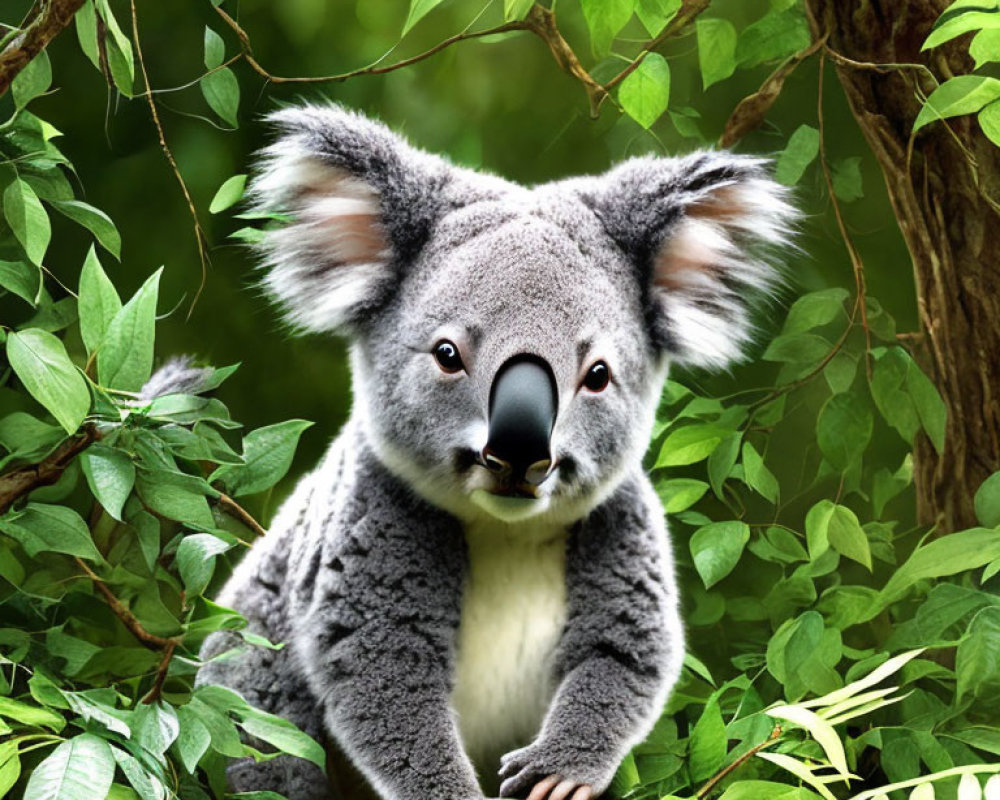 Grey koala with large ears and black nose in lush forest scene