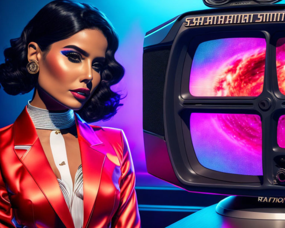Vintage makeup woman with retro boombox and colorful abstract TV display