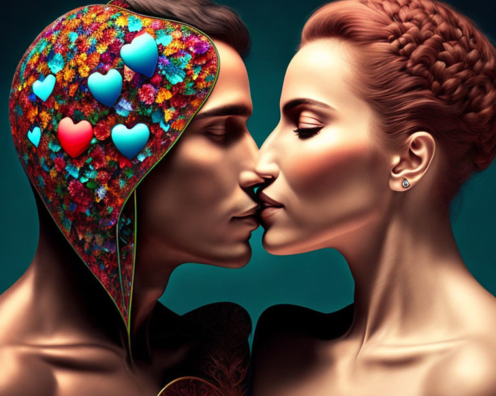 Surreal image of two people kissing with floral hood and intricate hair braid