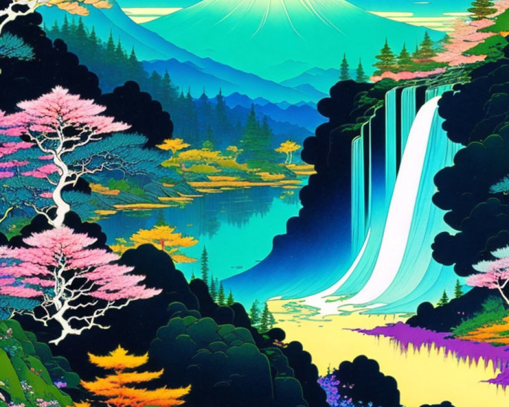 Mountainous landscape with waterfall, lake, cherry blossoms, and Mount Fuji in vibrant illustration