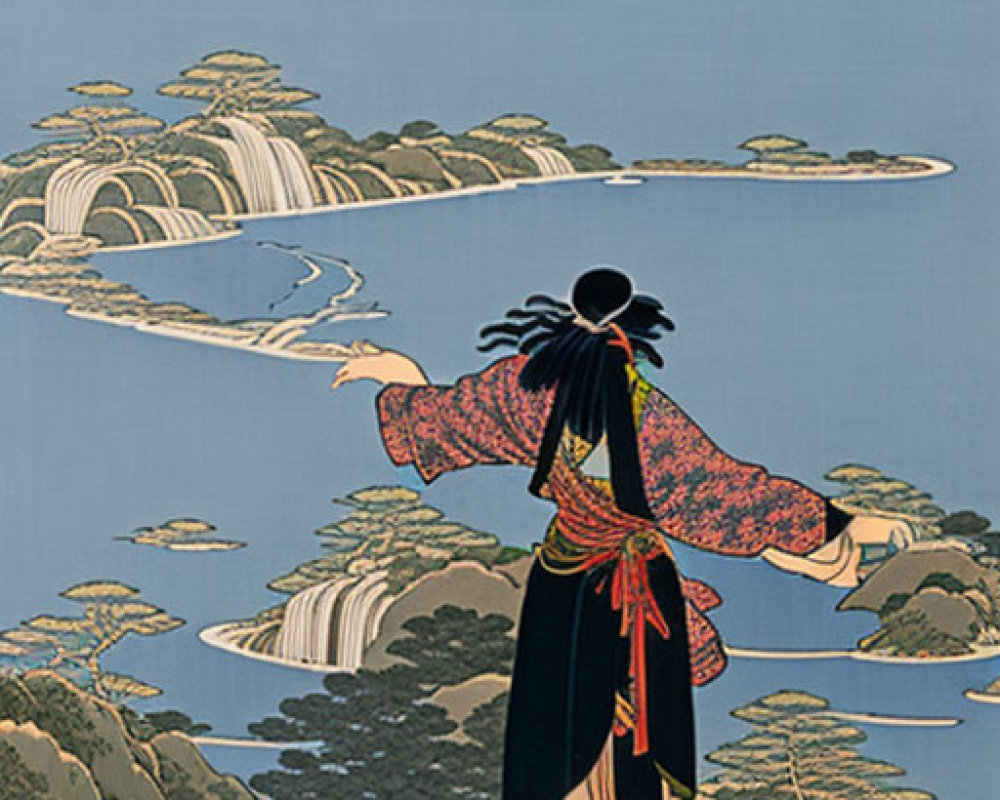 Traditional Japanese Woodblock Print of Woman in Kimono and Mountain Landscape