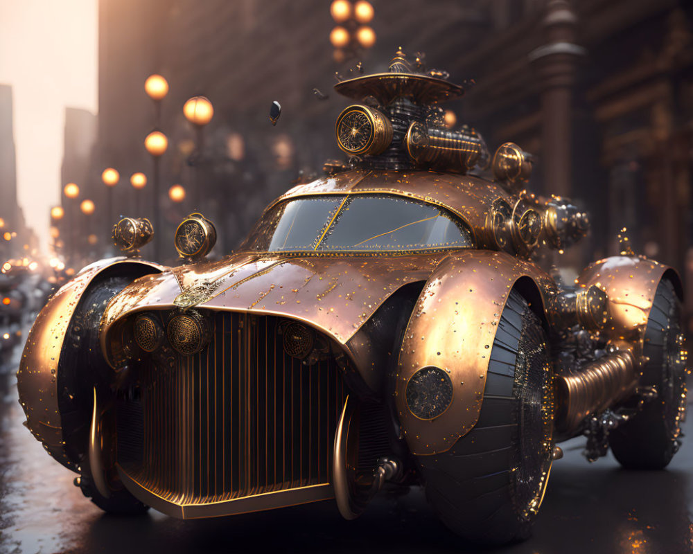 Futuristic steampunk car with glowing orbs in urban setting at dusk
