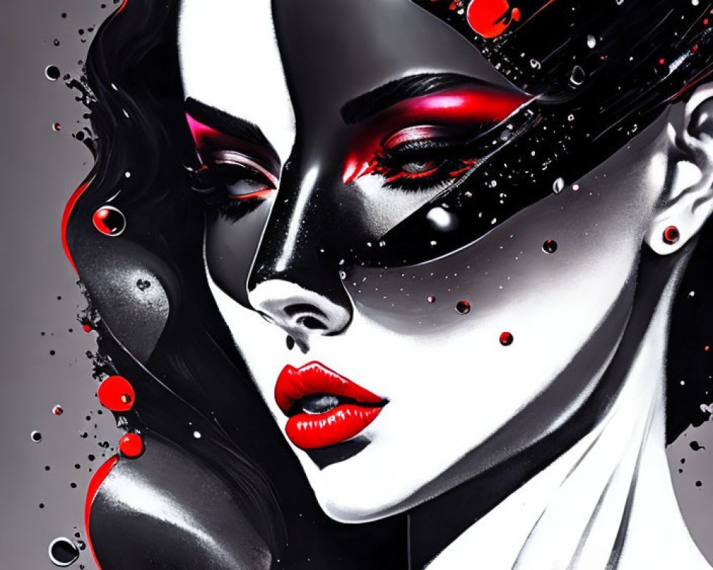 Stylized portrait of a woman with red and black makeup on grey background