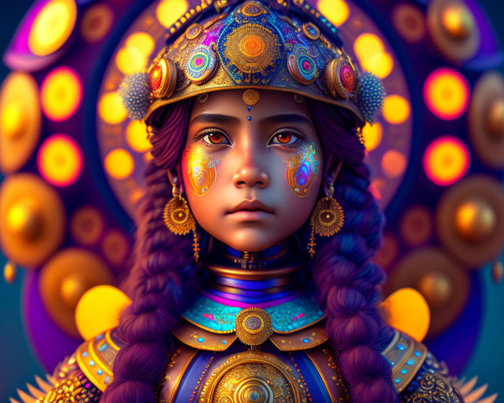 Detailed Illustration: Girl in Golden Armor with Helmet and Face Paint on Colorful Background