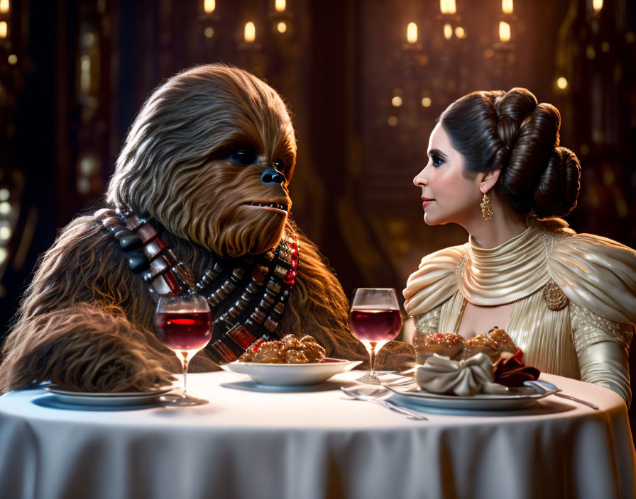 Elaborate hairstyle woman and furry creature at fantasy dining table
