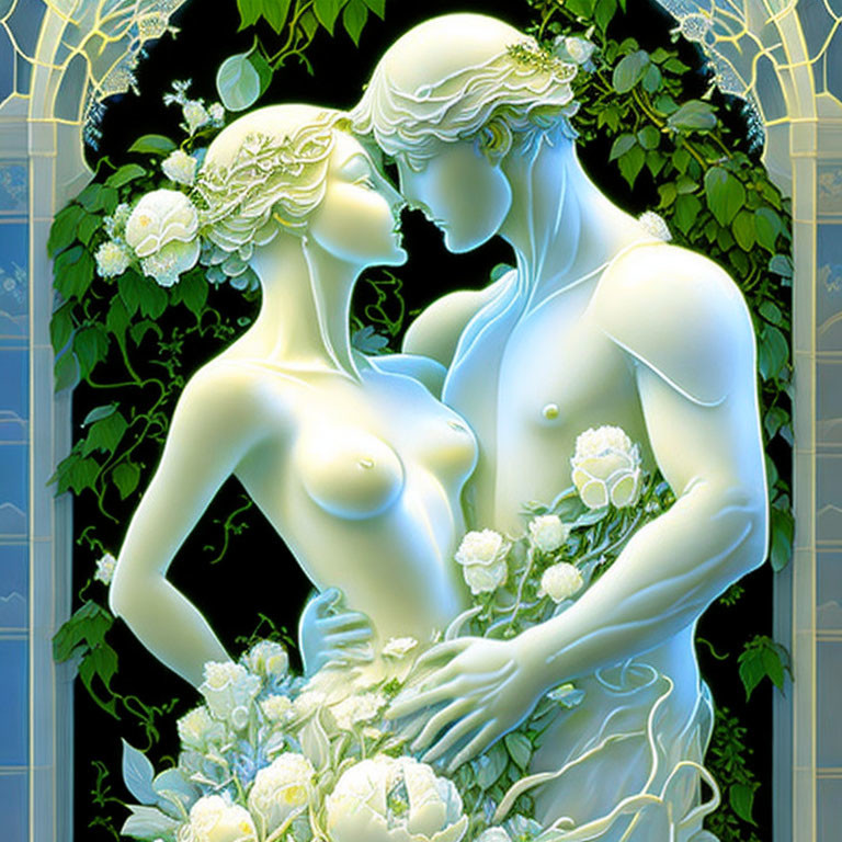 Romantic embrace illustration with white roses and blue mosaic background