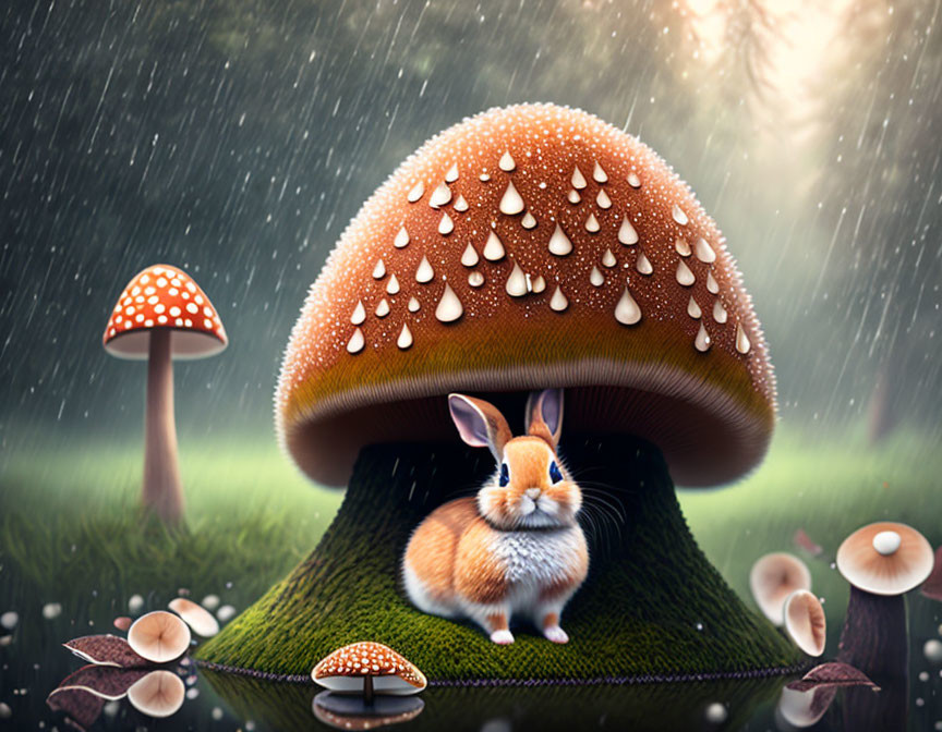 Rabbit sheltering under large mushroom in mystical scene