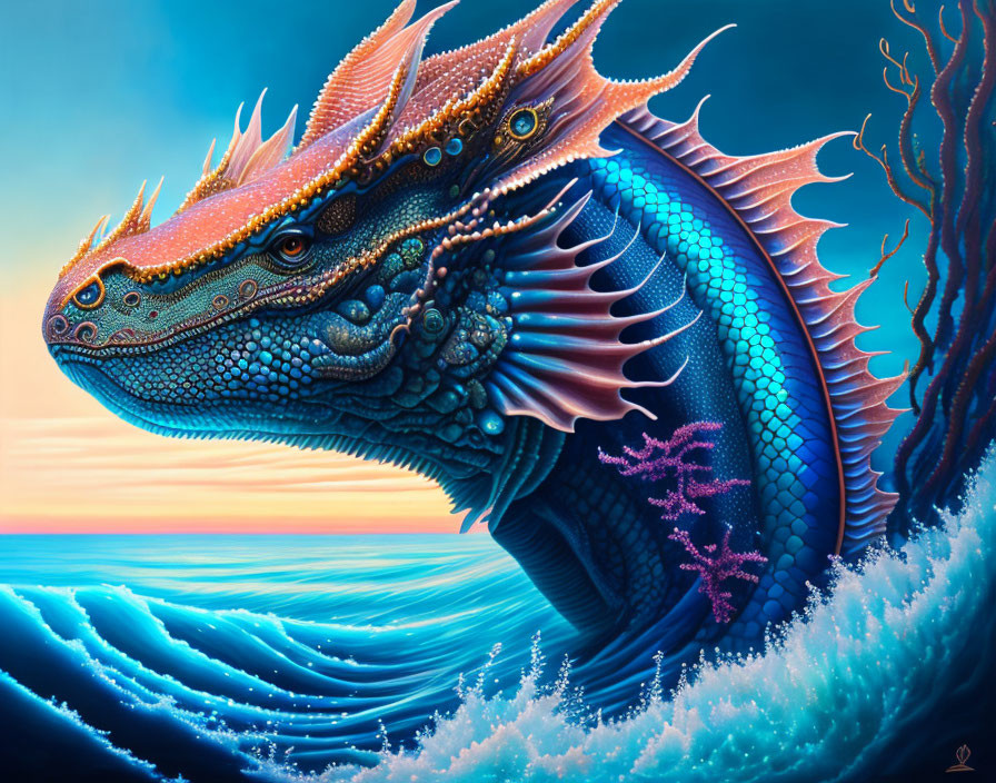 Colorful Dragon Emerges from Ocean Waves in Gradient Sky