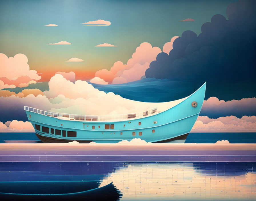 Stylized image of large blue boat on calm waters with colorful sky