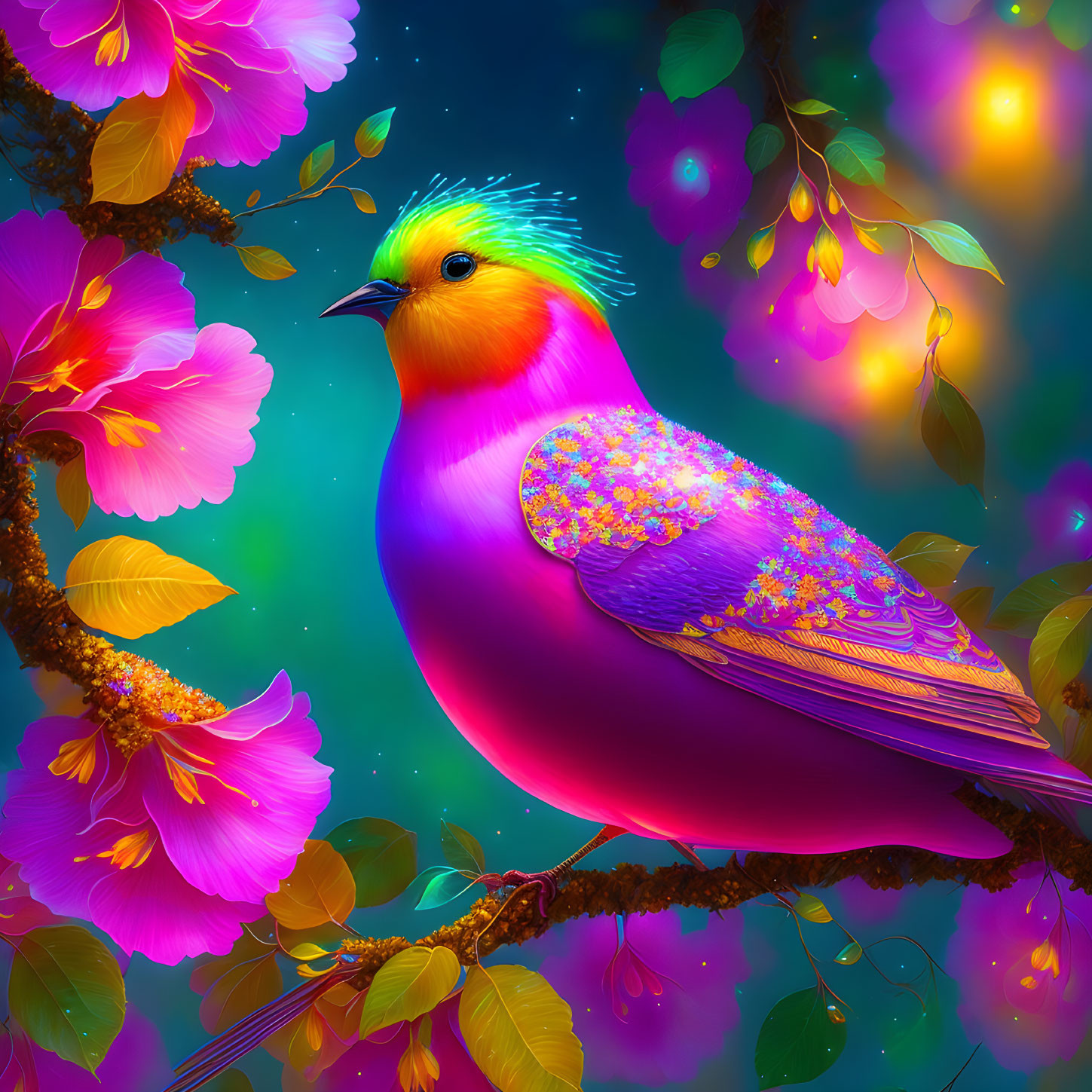 Colorful Bird with Yellow Head and Purple Body Perched Among Pink Blossoms