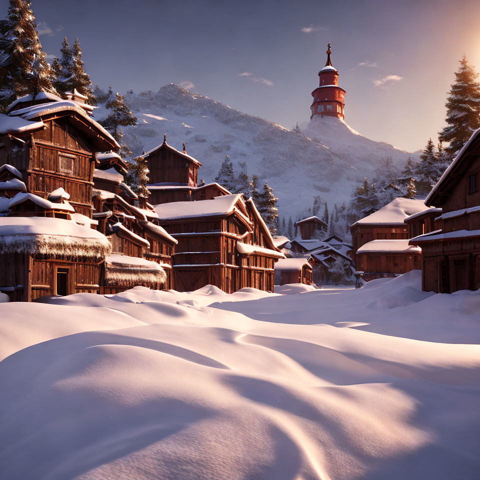 Snow-covered Alpine village at sunset with steepled building and undisturbed snow