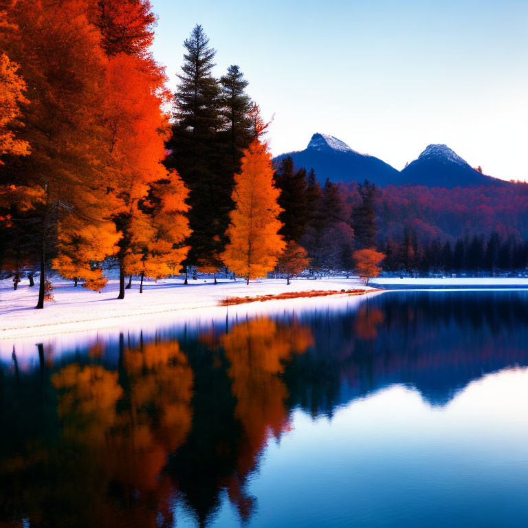Scenic autumn landscape: vibrant orange trees, calm lake, mountain backdrop