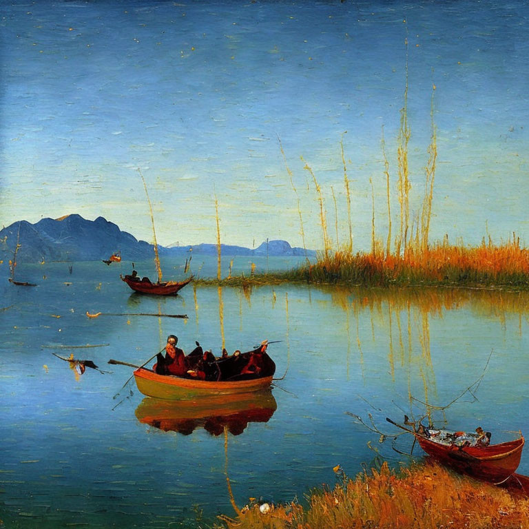 Tranquil landscape painting: serene lake, rowboat, reeds, mountains, blue sky