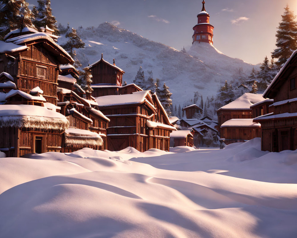 Snow-covered Alpine village at sunset with steepled building and undisturbed snow