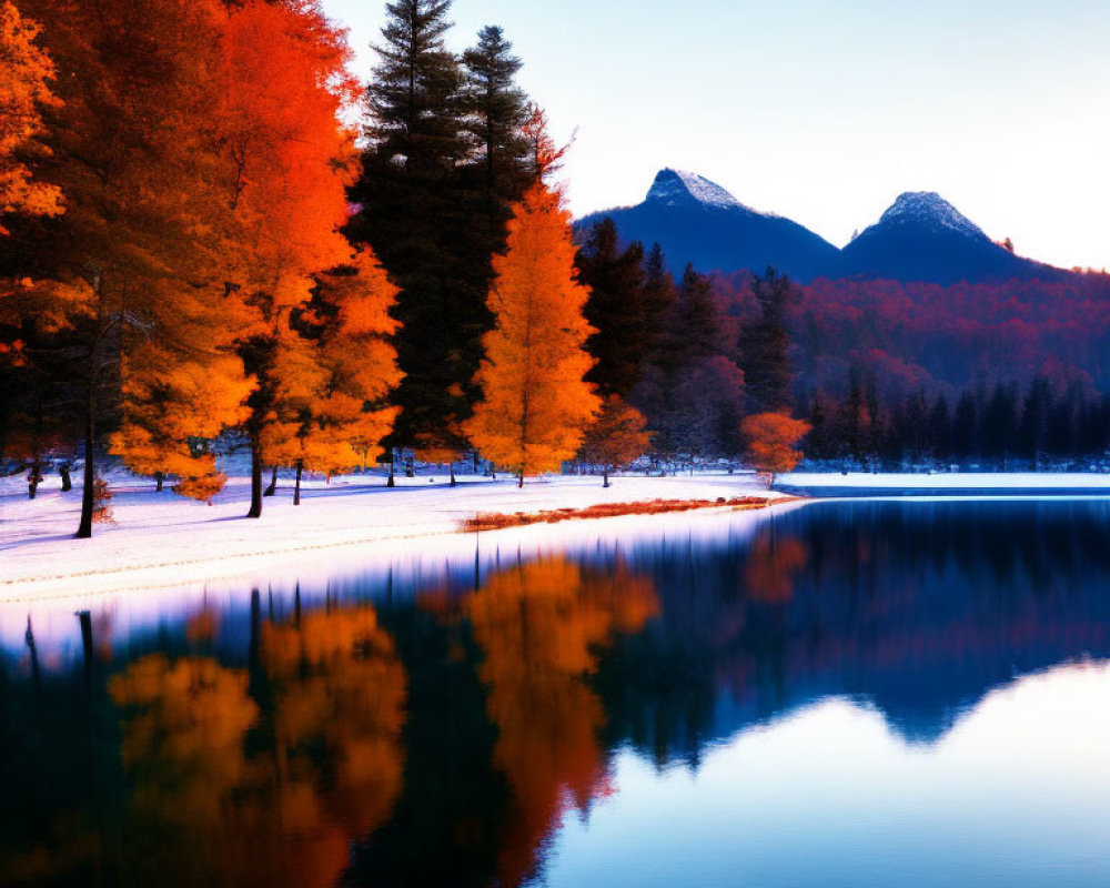 Scenic autumn landscape: vibrant orange trees, calm lake, mountain backdrop