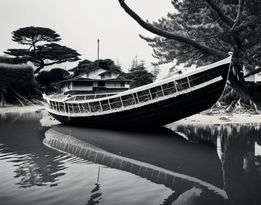 Monochrome photo of beached boat, water reflection, trees, cloudy sky