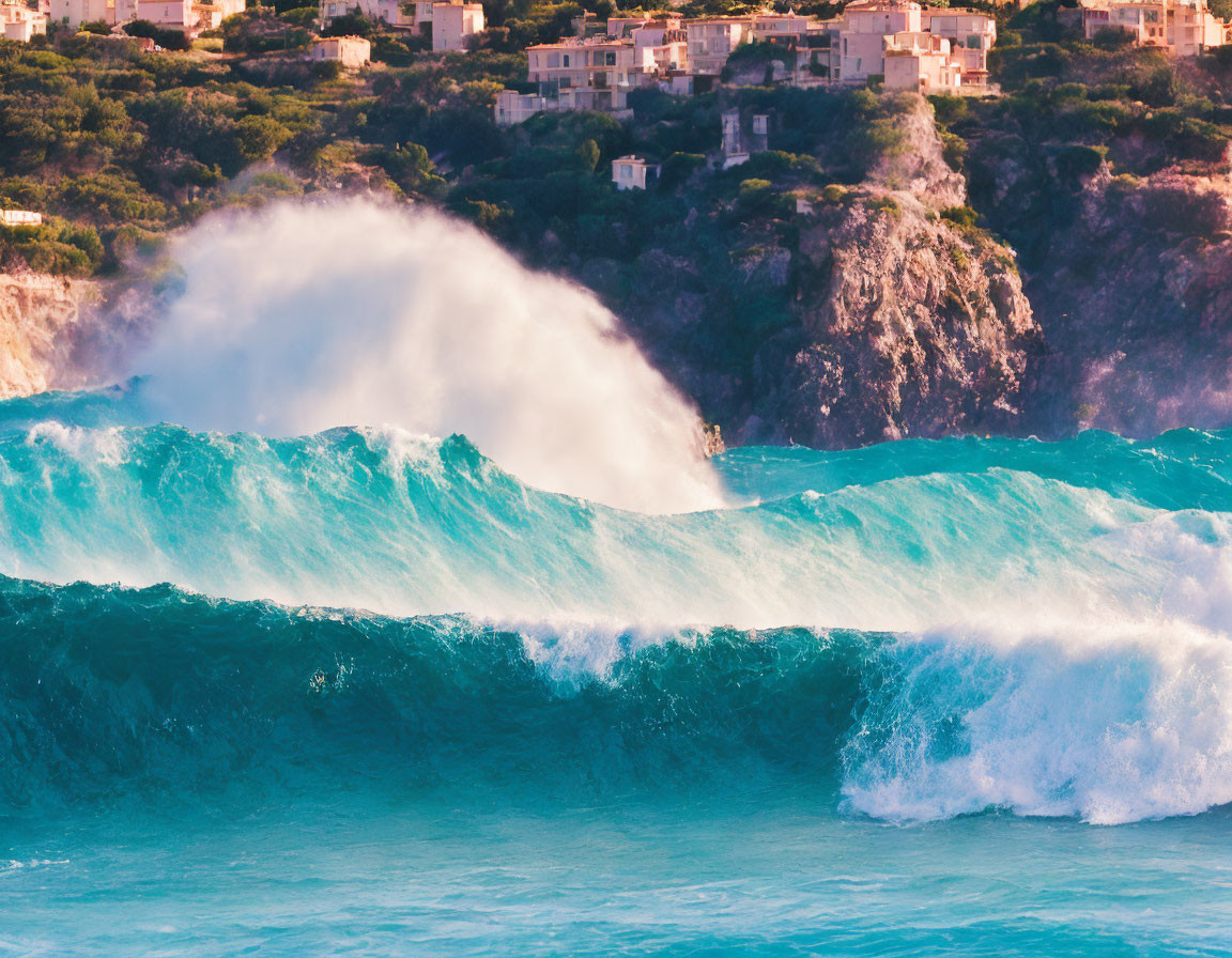 Turquoise Wave Cresting Over Coastal Landscape