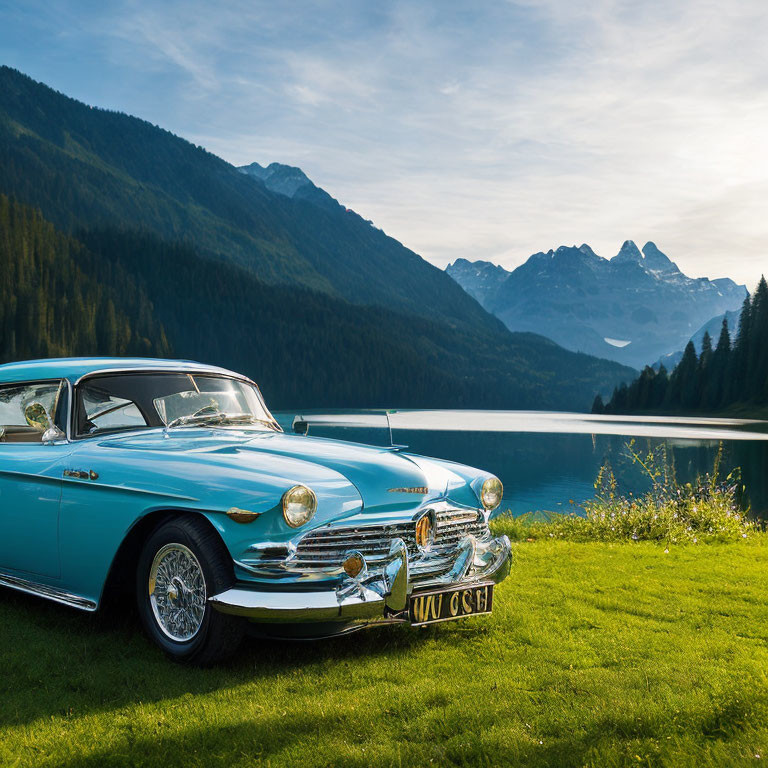 Vintage Blue Car Parked Near Tranquil Lake with Mountainous Backdrop