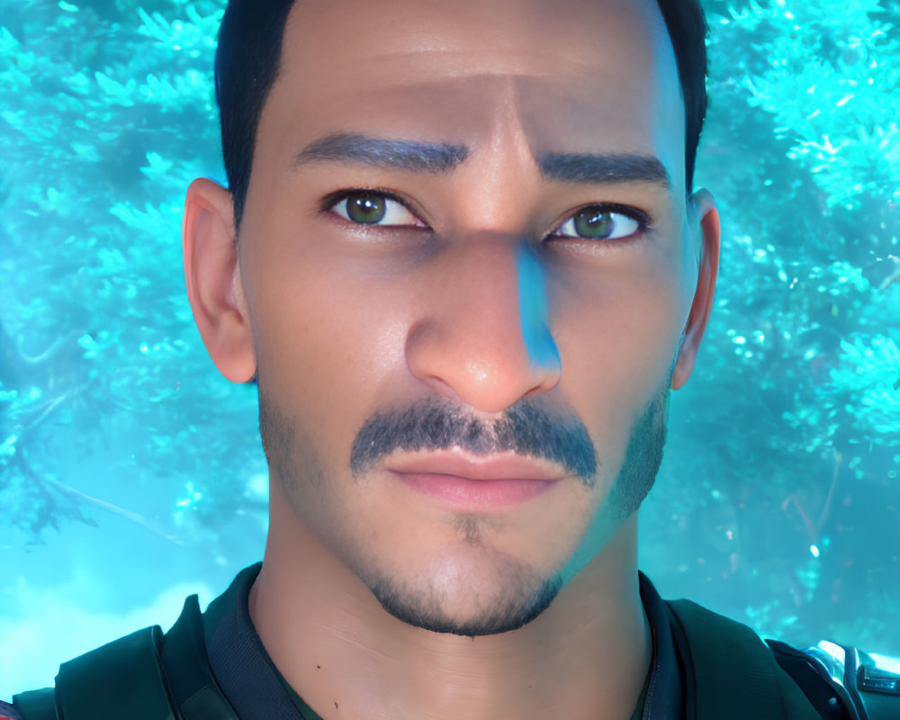 CGI male character with dark hair and military outfit on blue coral background