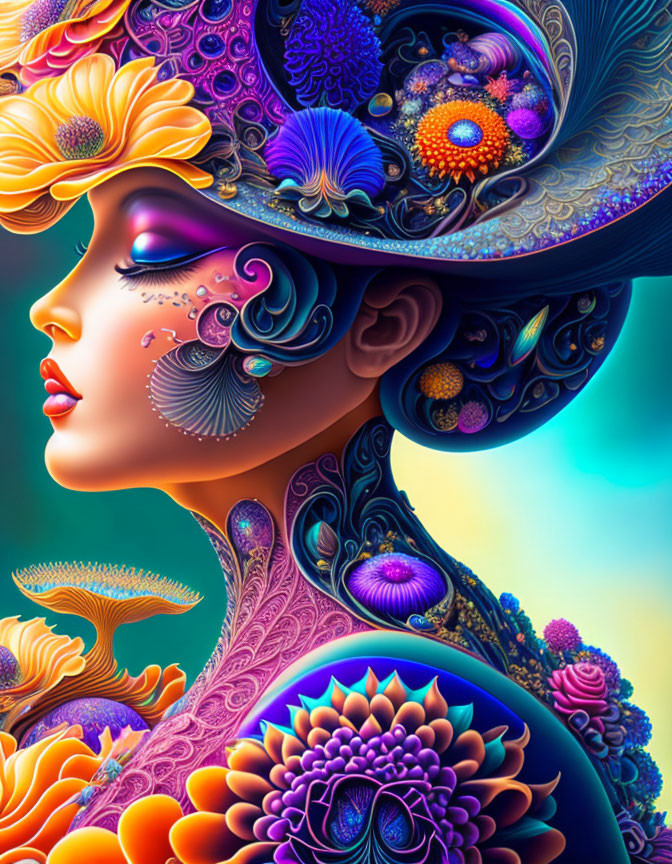 Colorful Art Nouveau and Psychedelic Woman Illustration with Floral and Marine Patterns