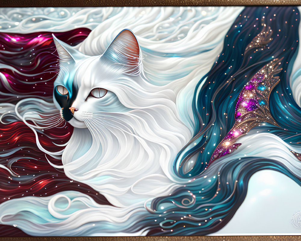 Colorful Cosmic Space Cat Illustration with Multicolored Hair