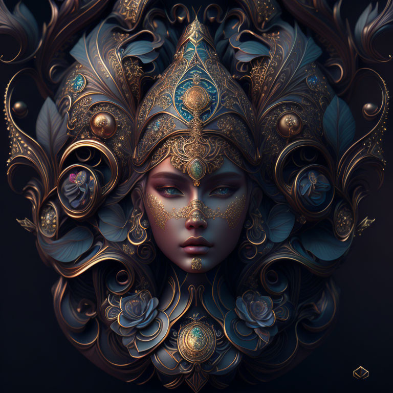 Intricate digital artwork of female figure with gold and turquoise headpiece