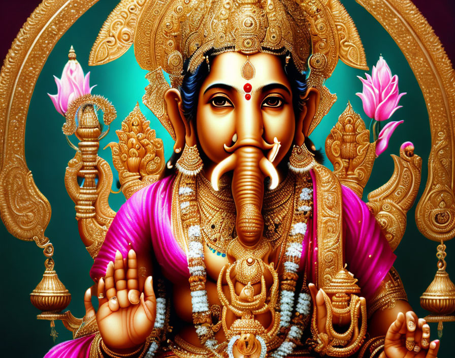 Illustration of Elephant-Headed Deity in Pink and Gold Attire
