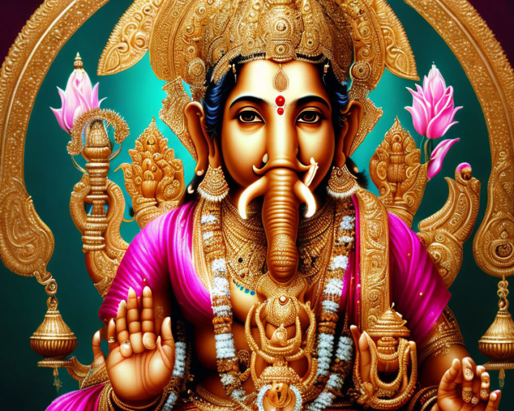 Illustration of Elephant-Headed Deity in Pink and Gold Attire