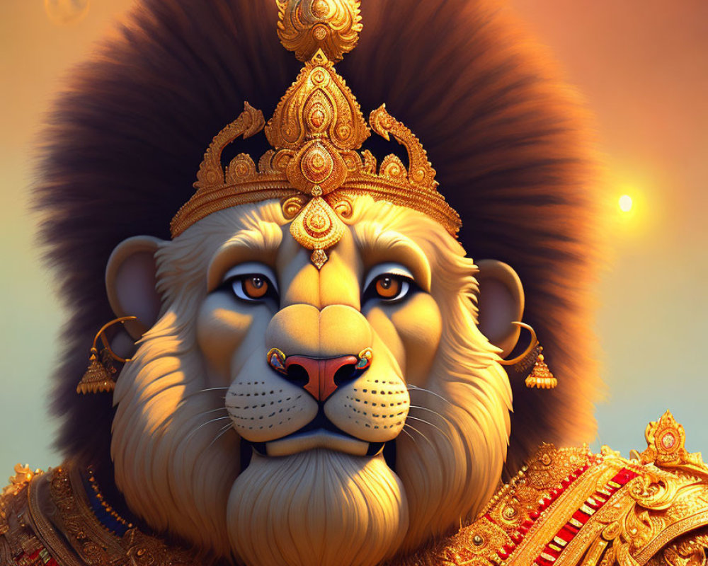 Majestic lion wearing golden crown and jewelry on warm background