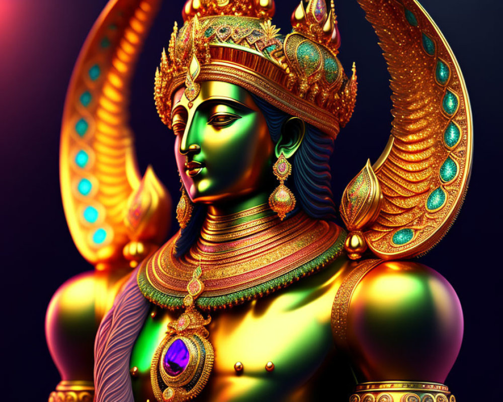 Colorful digital artwork of a multi-armed deity with halo, against dark backdrop